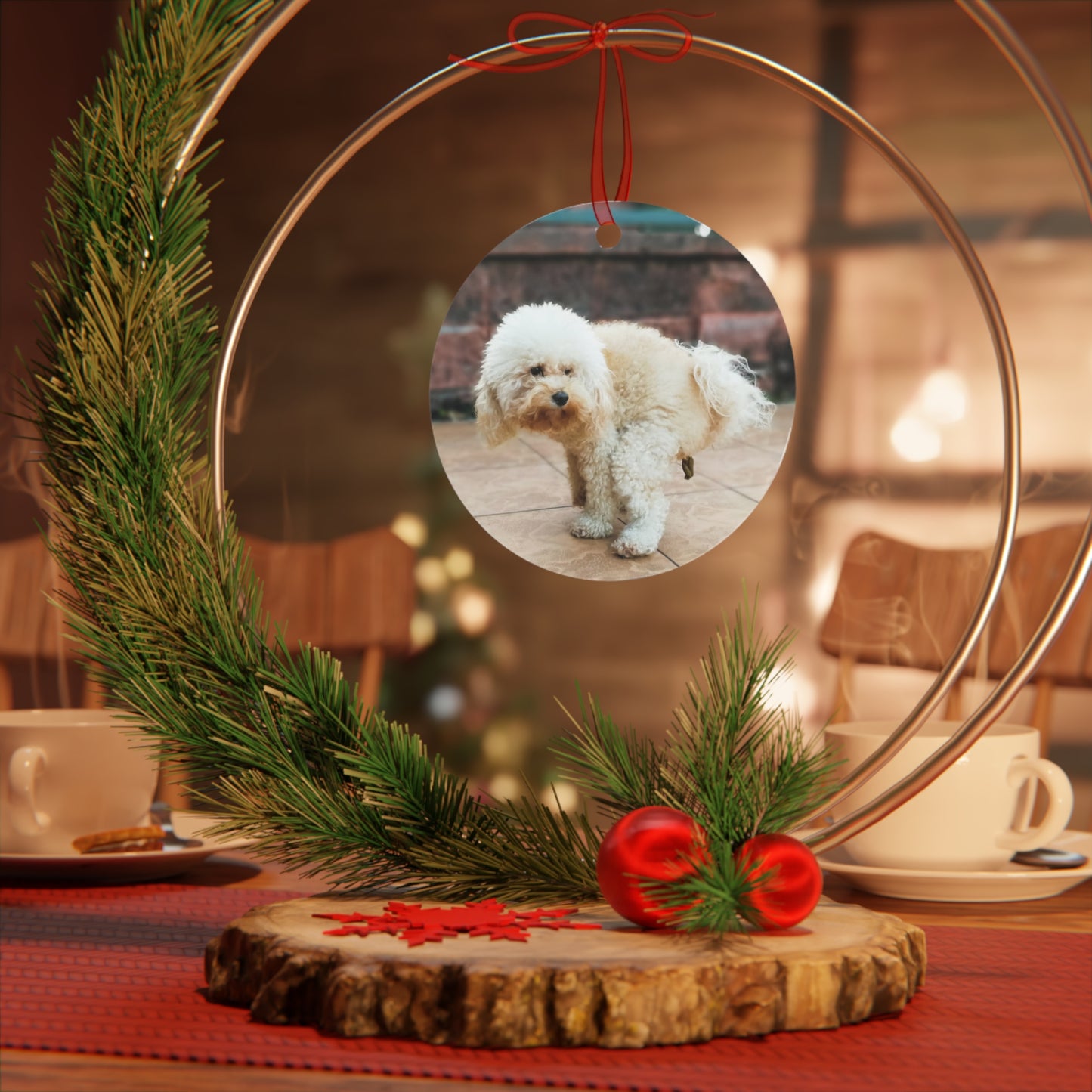 Funny Pooping Dog Bell-Shaped Ornament – Hilarious Pet Lover Christmas Decor – Metal Holiday Keepsake with Red Ribbon (Durable Aluminum, Double-Sided Printing)