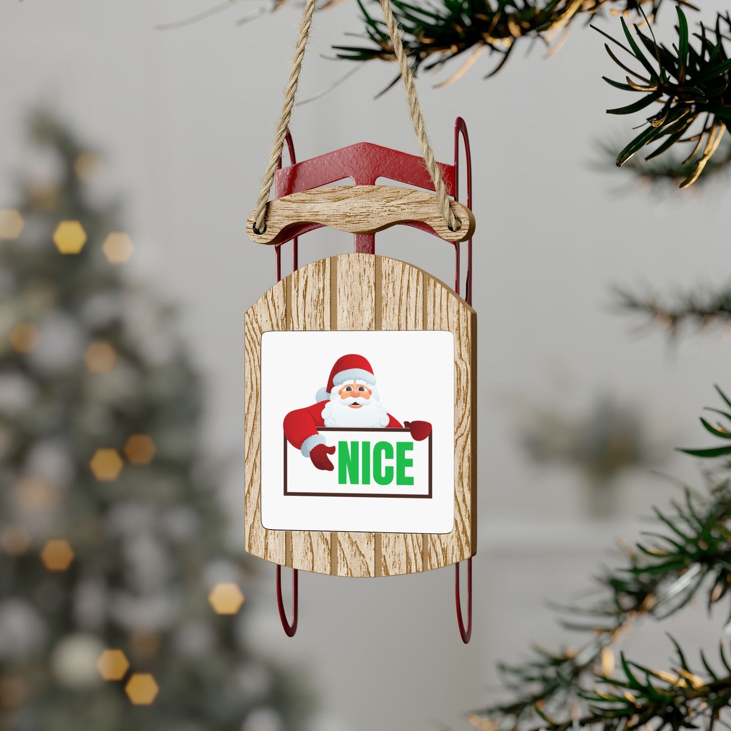 Santa “Nice” Sled Christmas Ornament – Wooden MDF Holiday Décor Gift for Him or Her