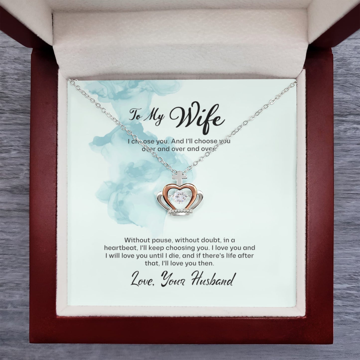 Husband to Wife Gift, Crown Pendant Necklace To My Wife, Wedding Anniversary Gift For Wife, Message Card Jewelry For Wife