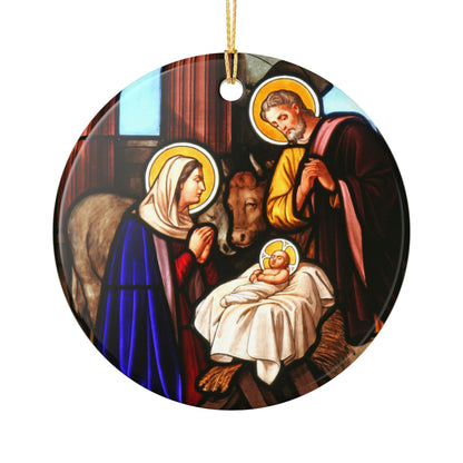 Nativity Scene Ceramic Ornament - Stained Glass Style Christmas Decoration with Gold String - UV-Printed, Durable, Single-Sided, 2.8 Inch