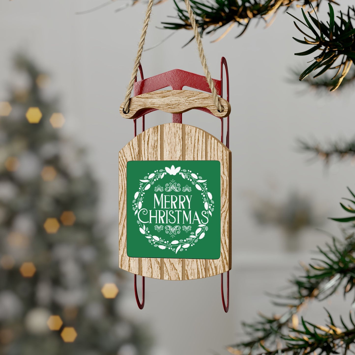 Merry Christmas Sled Ornament – Wooden Holiday Décor with Twine Hanging Thread for Festive Home Display