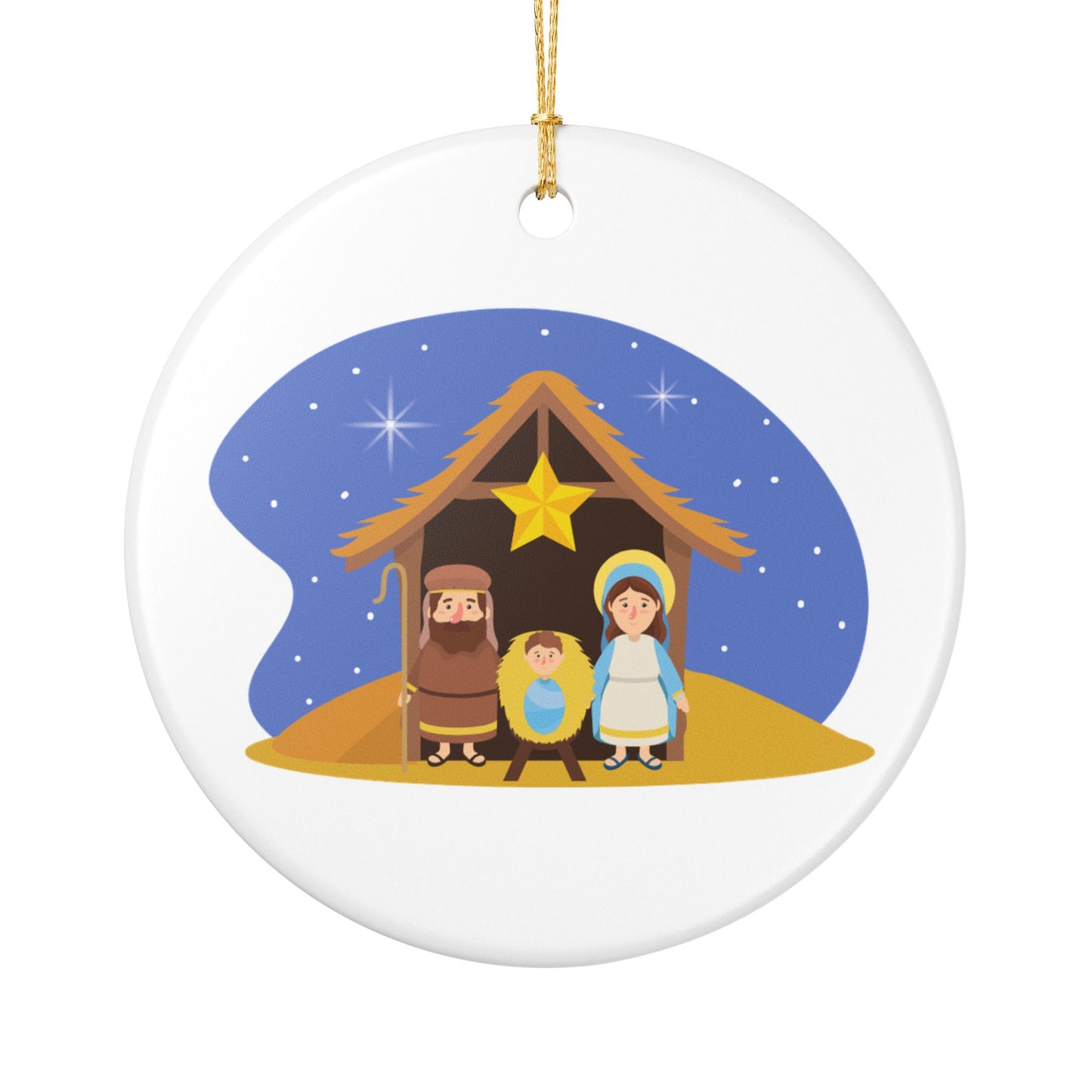 Nativity Scene Christmas Ceramic Ornament - Mary, Joseph & Baby Jesus - White Glossy Holiday Tree Decoration with Golden Hanging String