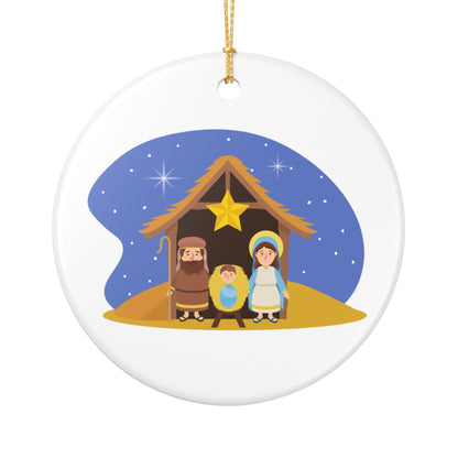 Nativity Scene Christmas Ceramic Ornament - Mary, Joseph & Baby Jesus - White Glossy Holiday Tree Decoration with Golden Hanging String