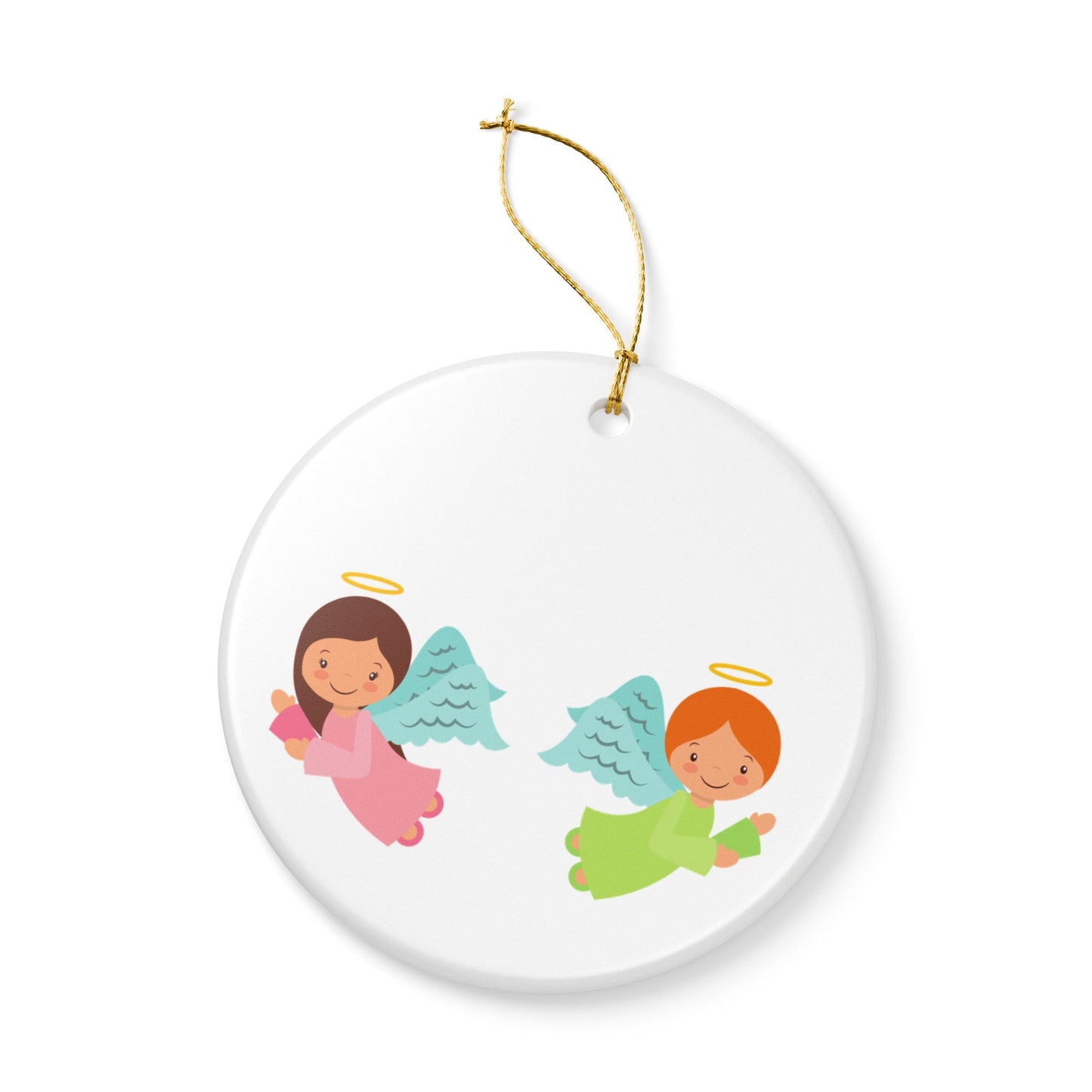 Angel Christmas Ornament - Cute Pink & Green Ceramic Holiday Decoration for Kids, Baby's First Christmas Gift, Kids Christmas Tree Ornament with Gold String