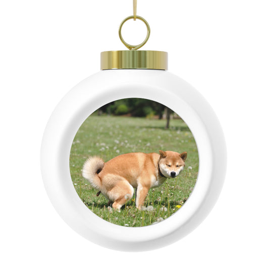 Shiba Inu Pooping Ceramic Ornament – Hilarious Dog Holiday Decor with Gold Ribbon, Perfect for Pet Lovers