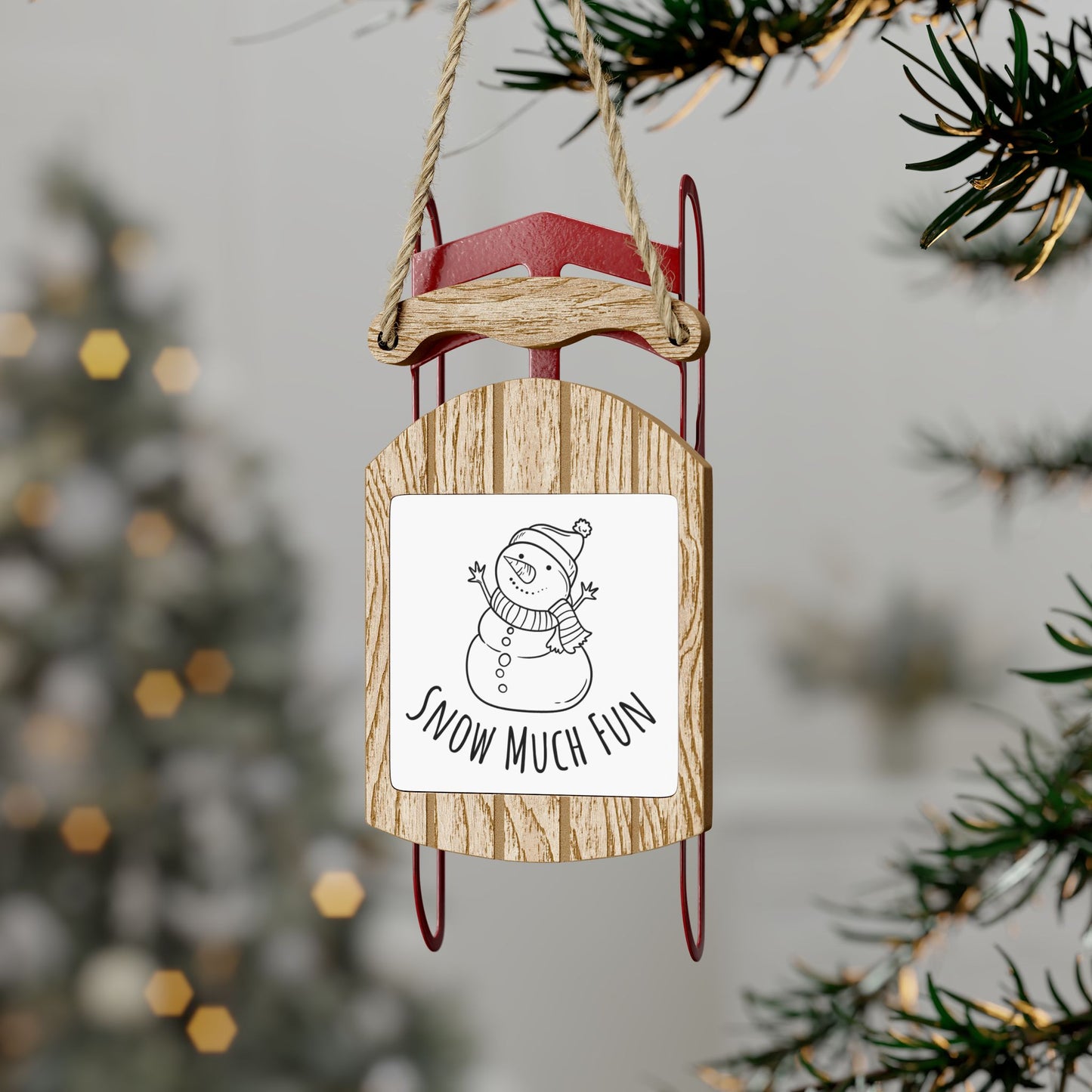 Snow Much Fun Sled Christmas Ornament – MDF Wooden Sled with Snowman Design – Perfect Holiday Decor Gift for Her or Him