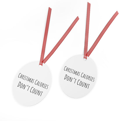 Christmas Calories Don’t Count Bell Ornament – Playful Holiday Decor – Glossy White Aluminum with Red Ribbon, Perfect for Tree or Garland