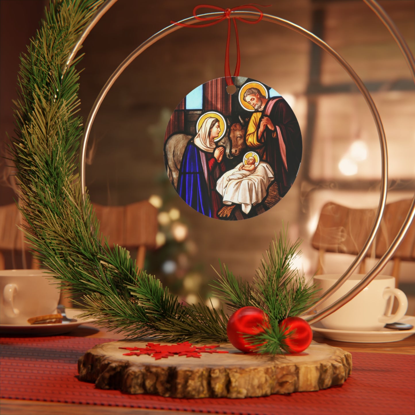 Classic Nativity Scene Metal Ornament – Oval or Round Shape, Double-Sided Glossy Finish, Durable Aluminum Holiday Decoration with Red Ribbon for Christmas Tree – Gift Ready