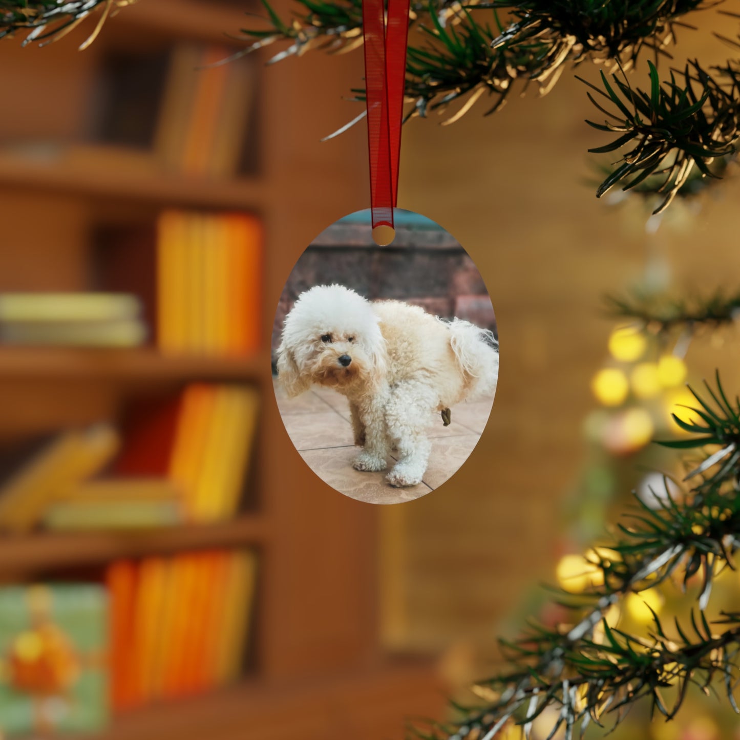 Funny Pooping Dog Bell-Shaped Ornament – Hilarious Pet Lover Christmas Decor – Metal Holiday Keepsake with Red Ribbon (Durable Aluminum, Double-Sided Printing)