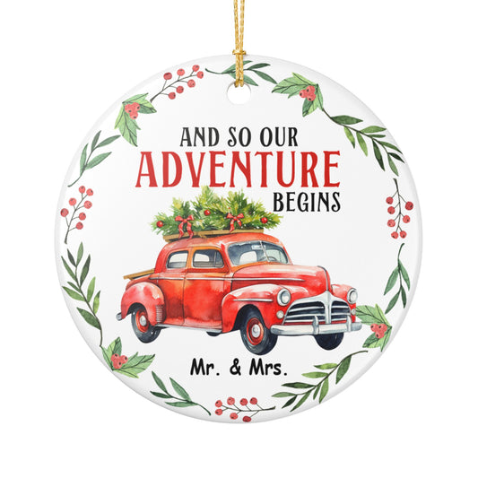 "And So Our Adventure Begins" Christmas Ornament – Hand-Painted Red Pickup Truck Holiday Décor – Perfect Gift for Couples, Newlyweds, and Road Trip Lovers