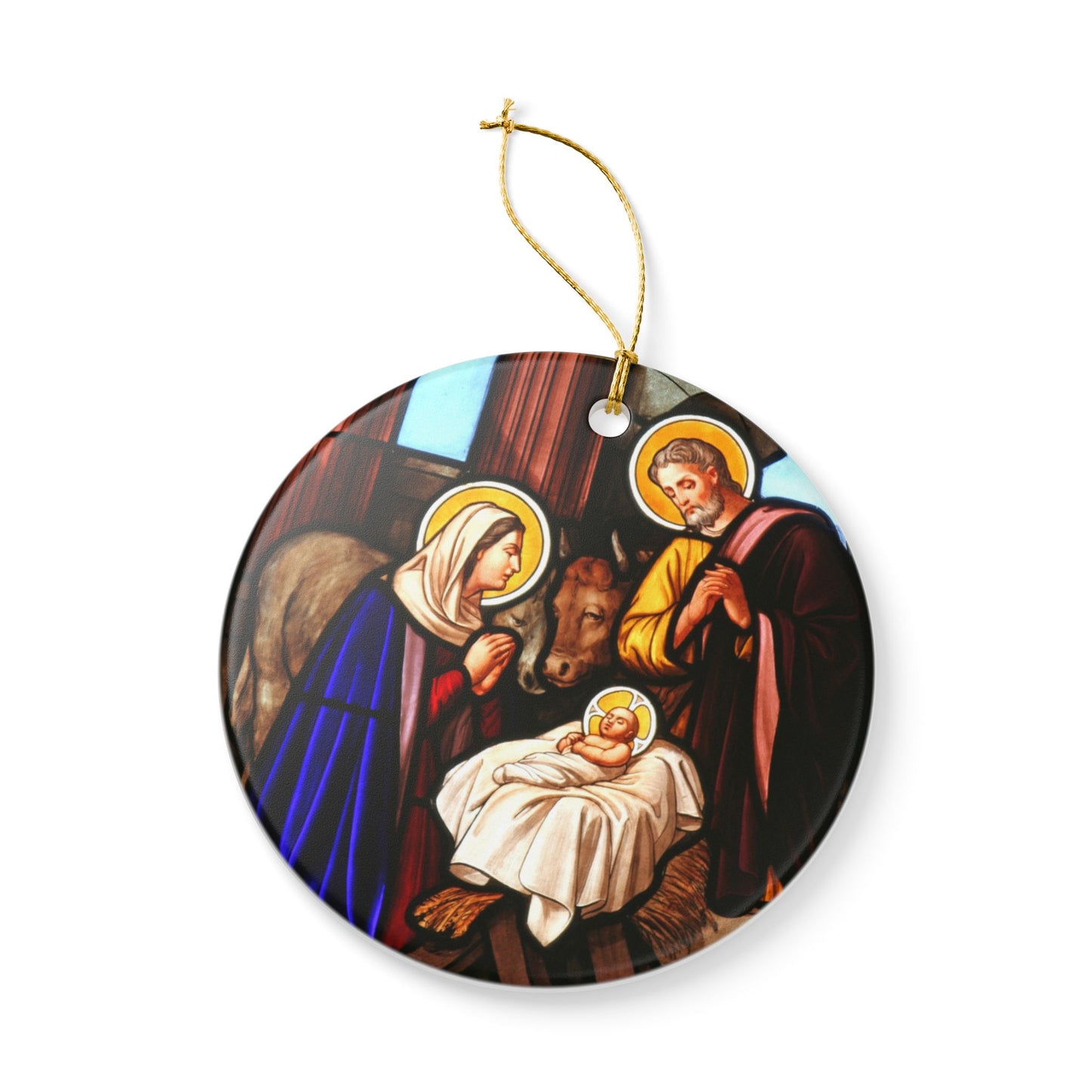 Nativity Scene Ceramic Ornament - Stained Glass Style Christmas Decoration with Gold String - UV-Printed, Durable, Single-Sided, 2.8 Inch