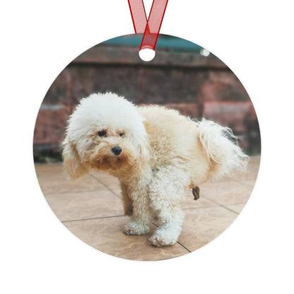 Funny Pooping Dog Bell-Shaped Ornament – Hilarious Pet Lover Christmas Decor – Metal Holiday Keepsake with Red Ribbon (Durable Aluminum, Double-Sided Printing)