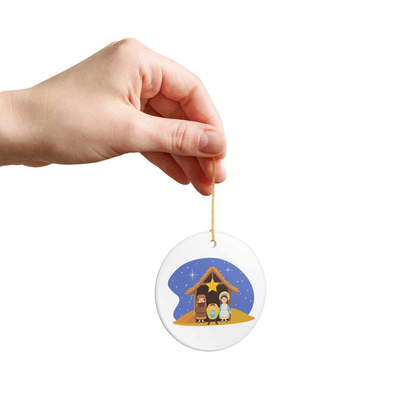 Nativity Scene Christmas Ceramic Ornament - Mary, Joseph & Baby Jesus - White Glossy Holiday Tree Decoration with Golden Hanging String