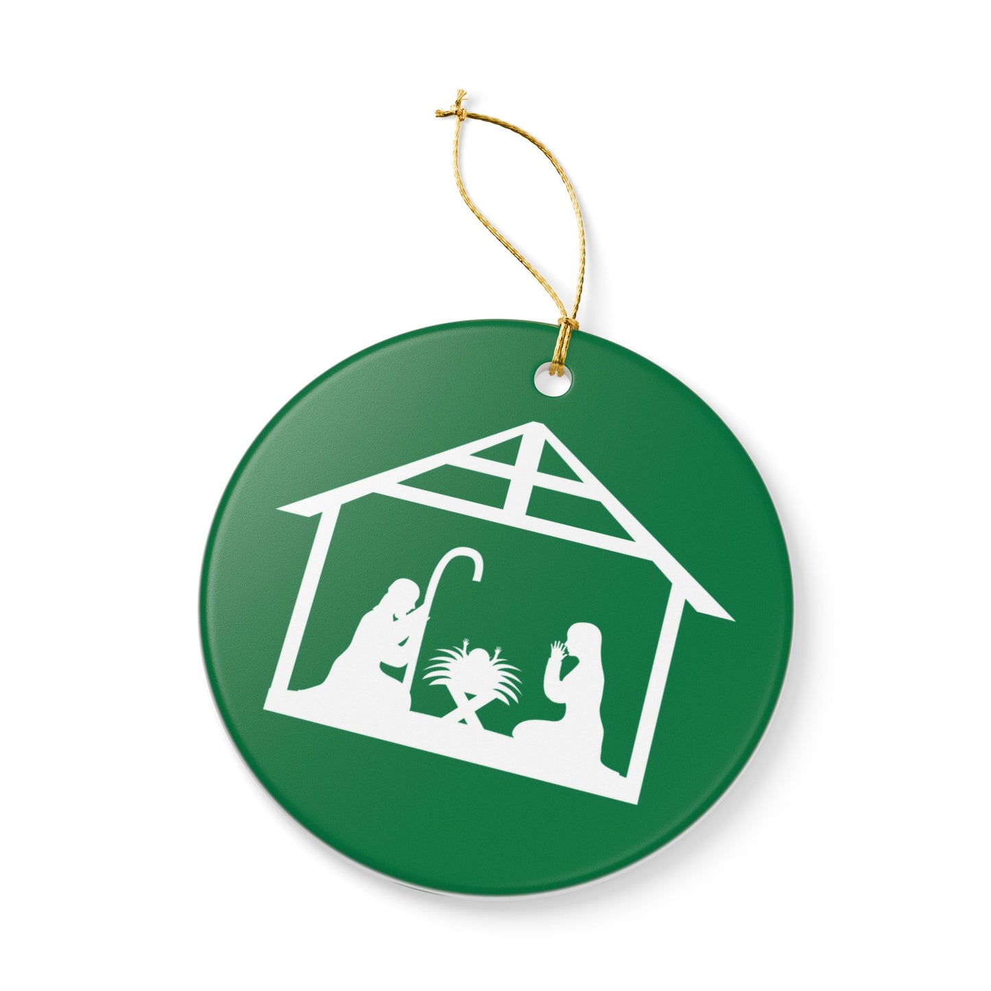 Ceramic Nativity Ornament – Green Holiday Decoration with Mary, Joseph & Manger Design, Glossy Ceramic, Includes Gold Hanging String