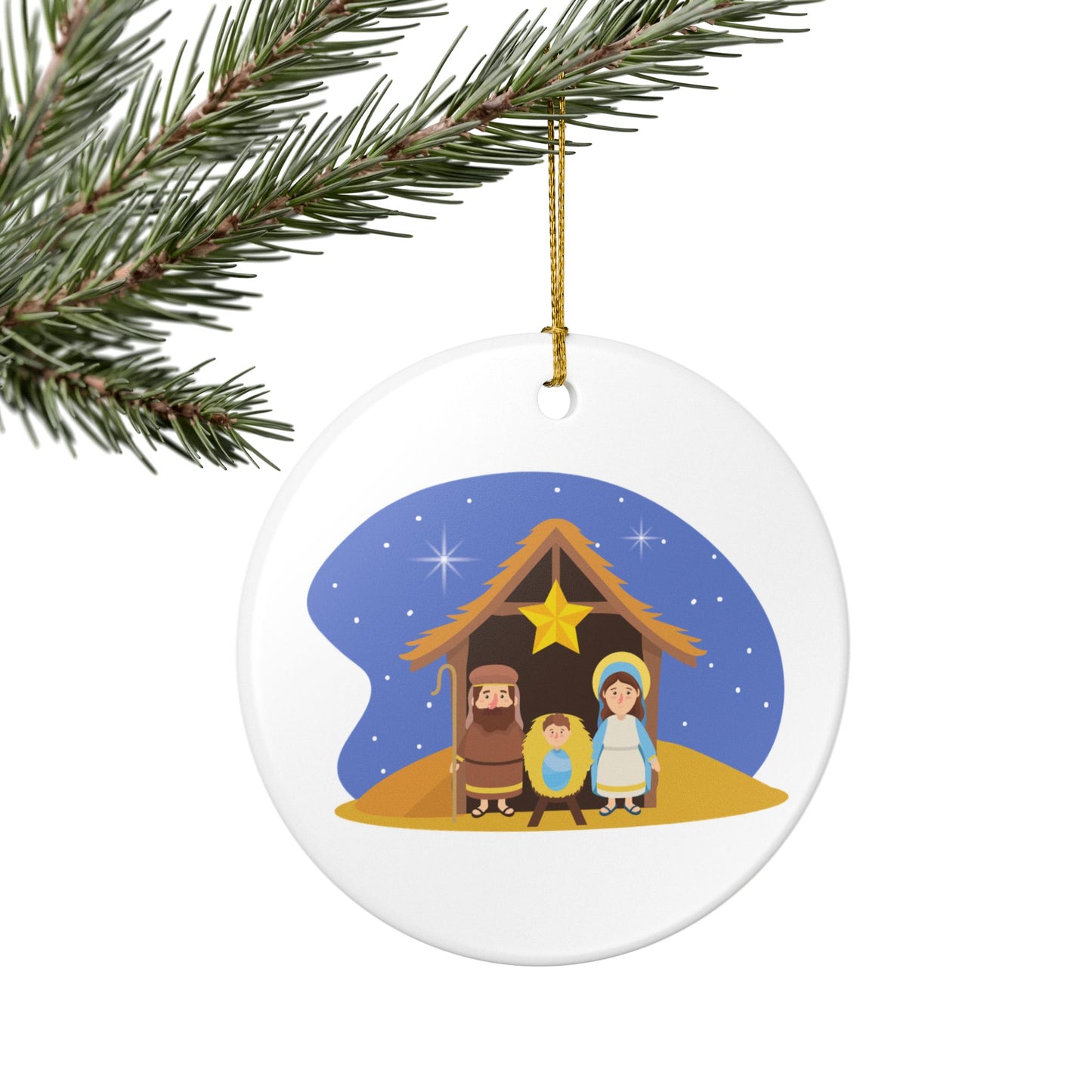 Nativity Scene Christmas Ceramic Ornament - Mary, Joseph & Baby Jesus - White Glossy Holiday Tree Decoration with Golden Hanging String