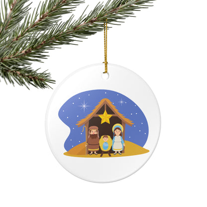 Nativity Scene Christmas Ceramic Ornament - Mary, Joseph & Baby Jesus - White Glossy Holiday Tree Decoration with Golden Hanging String