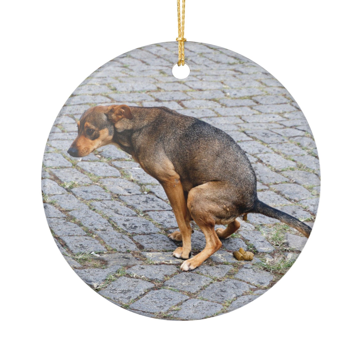 Funny Pooping Dog Ceramic Ornament – Quirky Holiday Décor for Dog Lovers, Single Pack, White Ceramic with Gold Hanging String