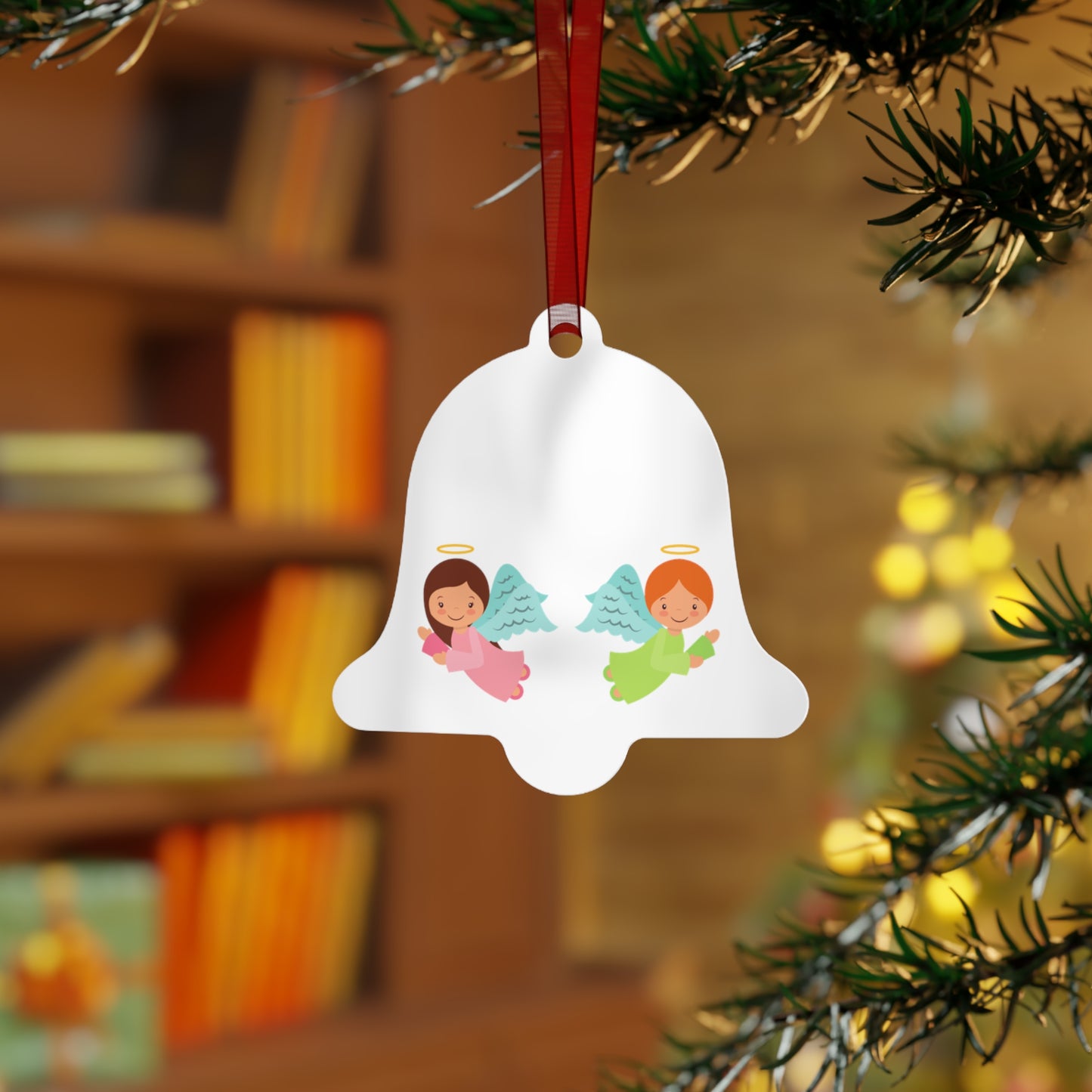 Pastel Angel Ornament – Bell Shape – Hand-Painted, Durable Aluminum with Red Ribbon – Ideal Christmas Gift for Kids, Holiday Décor, or Keepsake