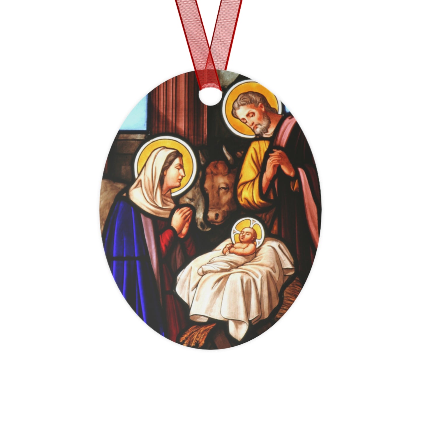 Classic Nativity Scene Metal Ornament – Oval or Round Shape, Double-Sided Glossy Finish, Durable Aluminum Holiday Decoration with Red Ribbon for Christmas Tree – Gift Ready