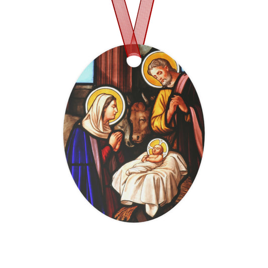 Classic Nativity Scene Metal Ornament – Oval or Round Shape, Double-Sided Glossy Finish, Durable Aluminum Holiday Decoration with Red Ribbon for Christmas Tree – Gift Ready
