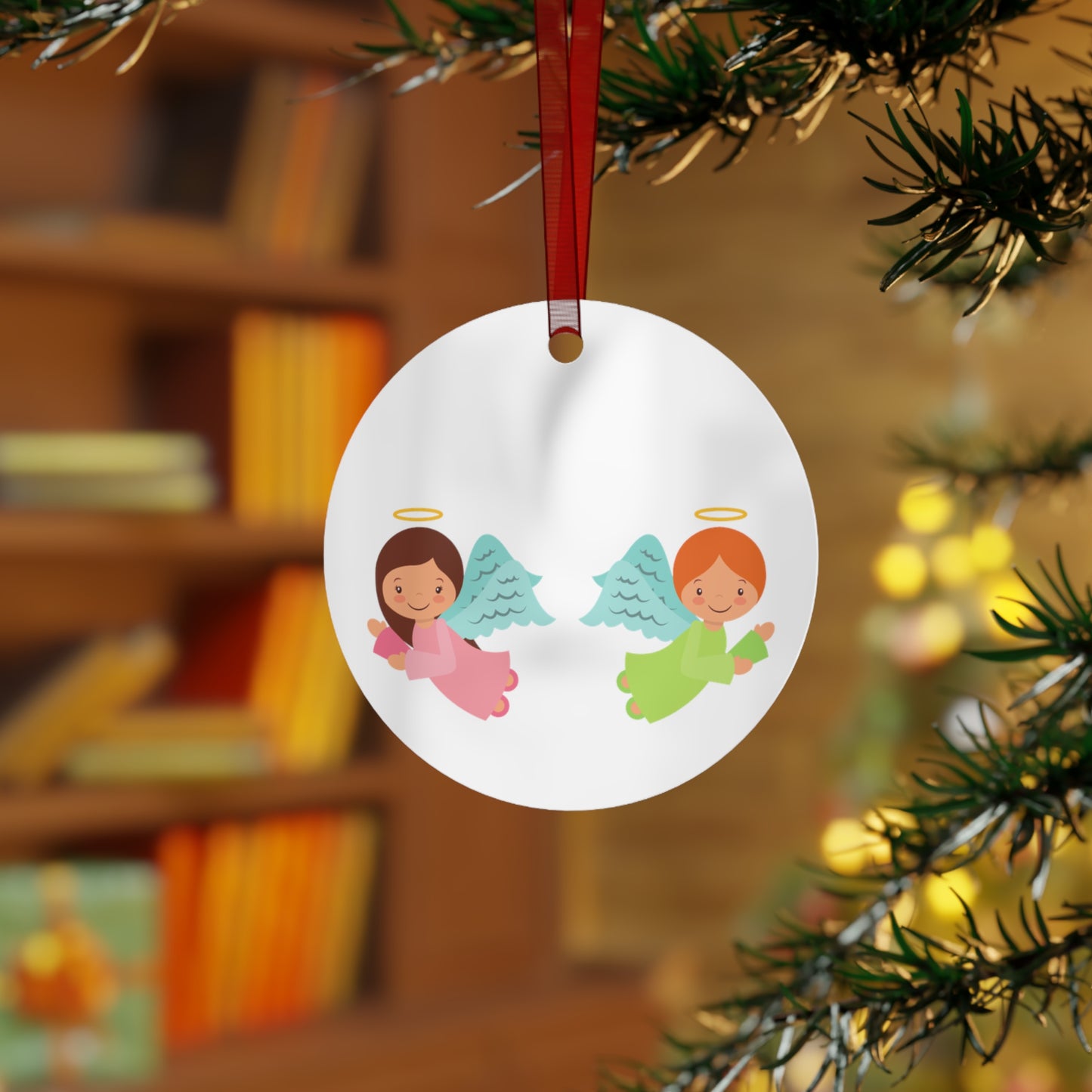 Pastel Angel Ornament – Bell Shape – Hand-Painted, Durable Aluminum with Red Ribbon – Ideal Christmas Gift for Kids, Holiday Décor, or Keepsake
