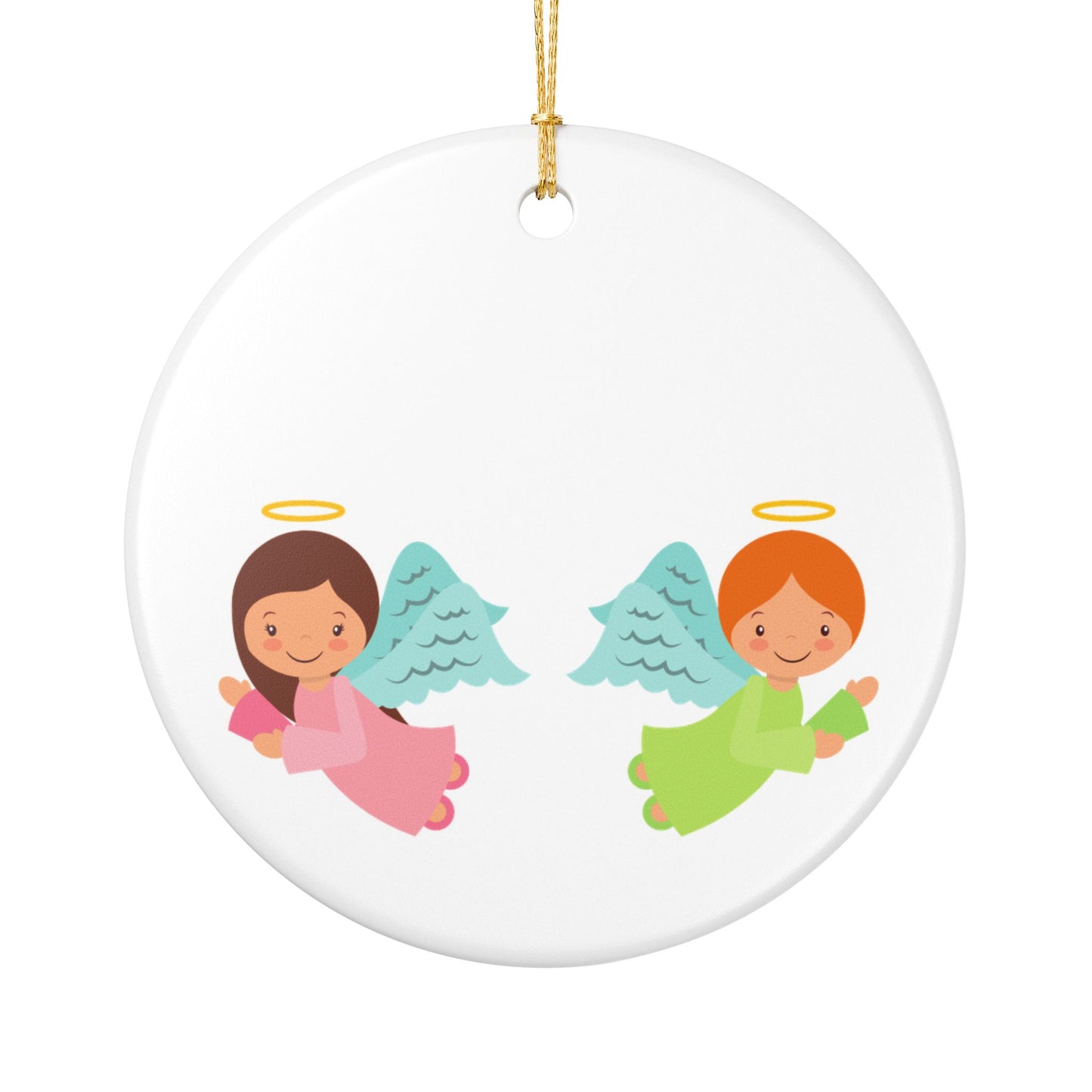 Angel Christmas Ornament - Cute Pink & Green Ceramic Holiday Decoration for Kids, Baby's First Christmas Gift, Kids Christmas Tree Ornament with Gold String