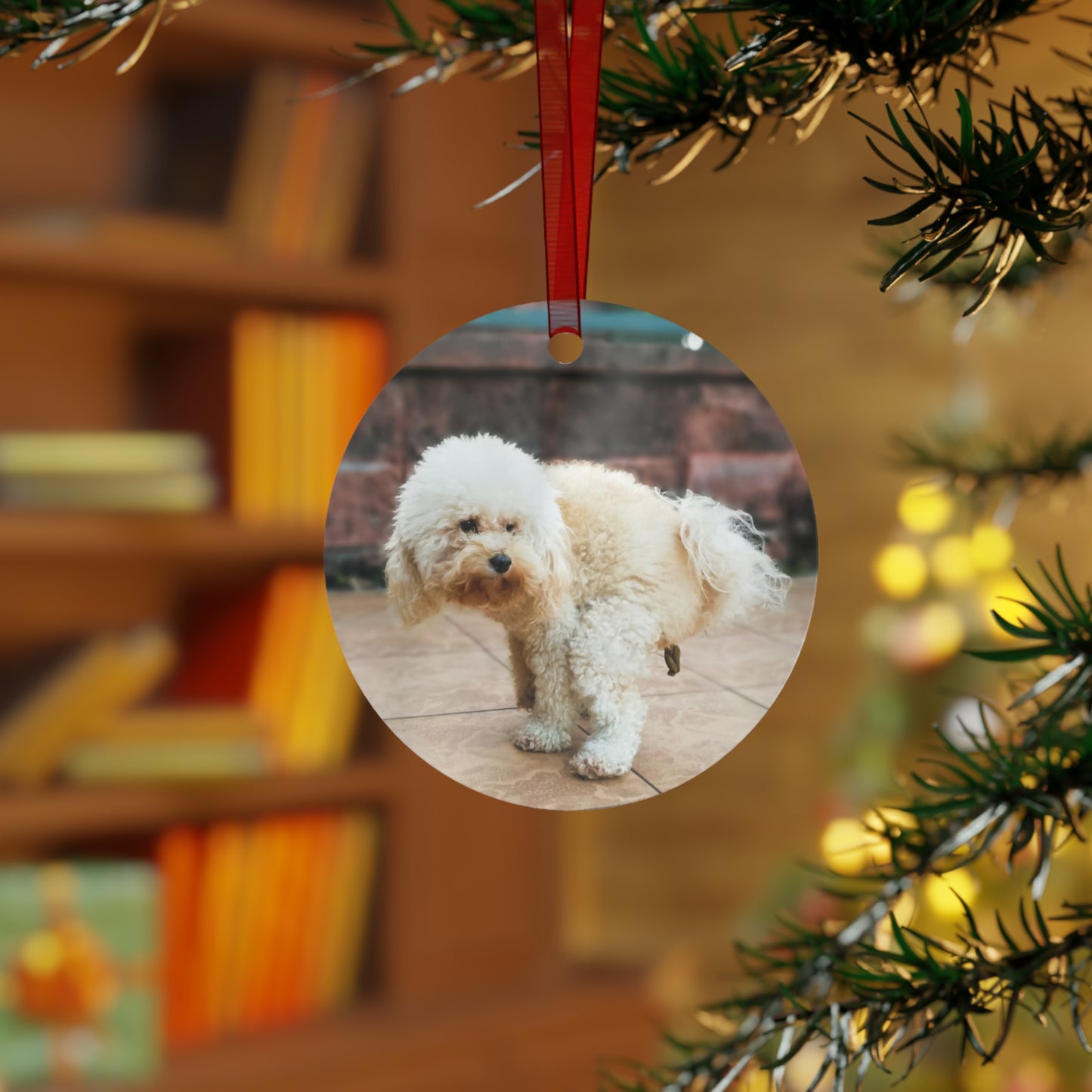 Funny Pooping Dog Bell-Shaped Ornament – Hilarious Pet Lover Christmas Decor – Metal Holiday Keepsake with Red Ribbon (Durable Aluminum, Double-Sided Printing)