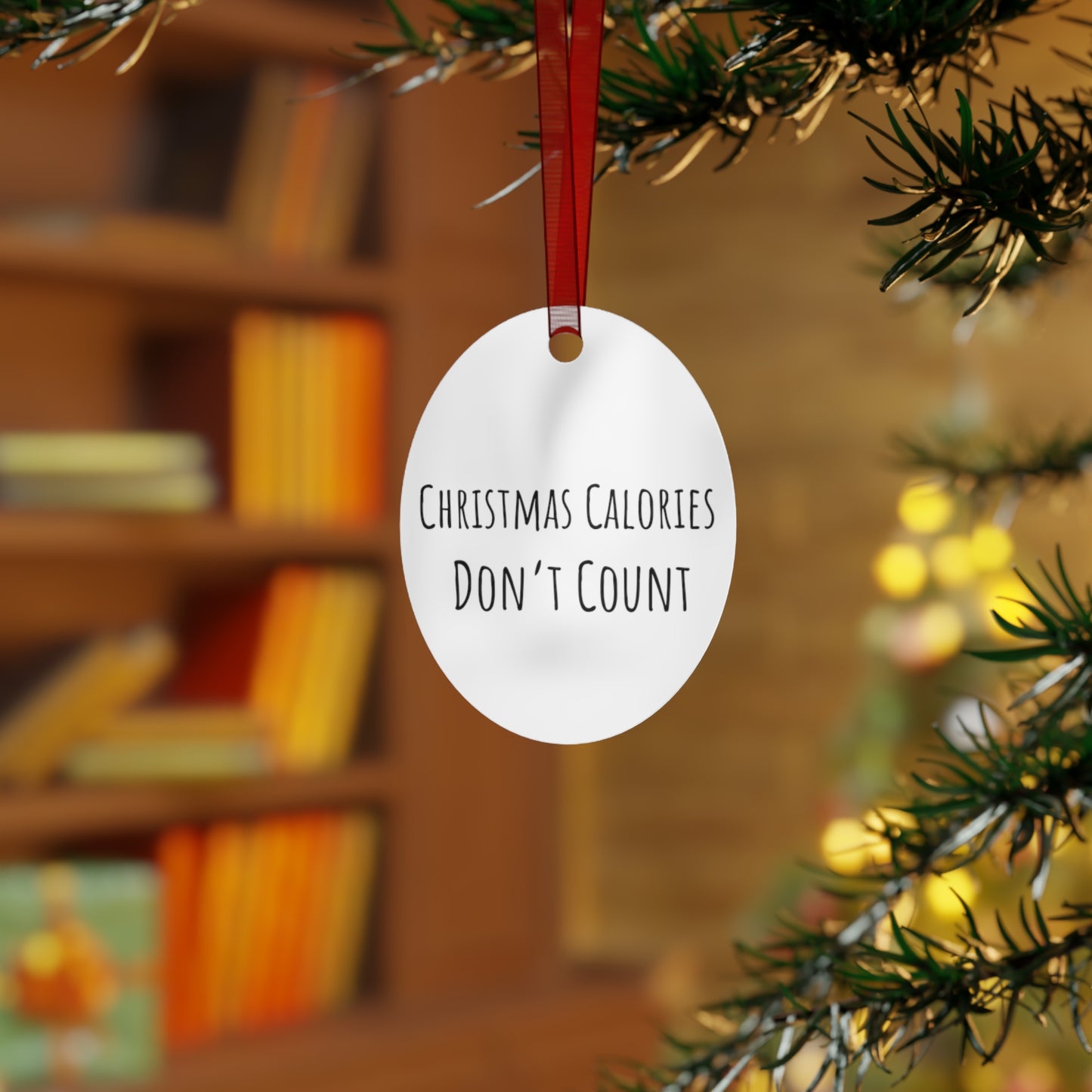 Christmas Calories Don’t Count Bell Ornament – Playful Holiday Decor – Glossy White Aluminum with Red Ribbon, Perfect for Tree or Garland