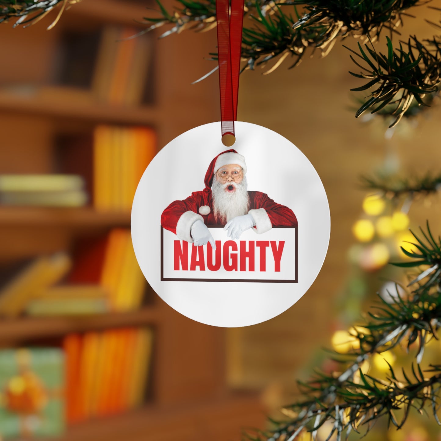 Funny Santa “Naughty” Metal Christmas Ornament – Double-Sided Holiday Tree Decoration Gift for Him or Her