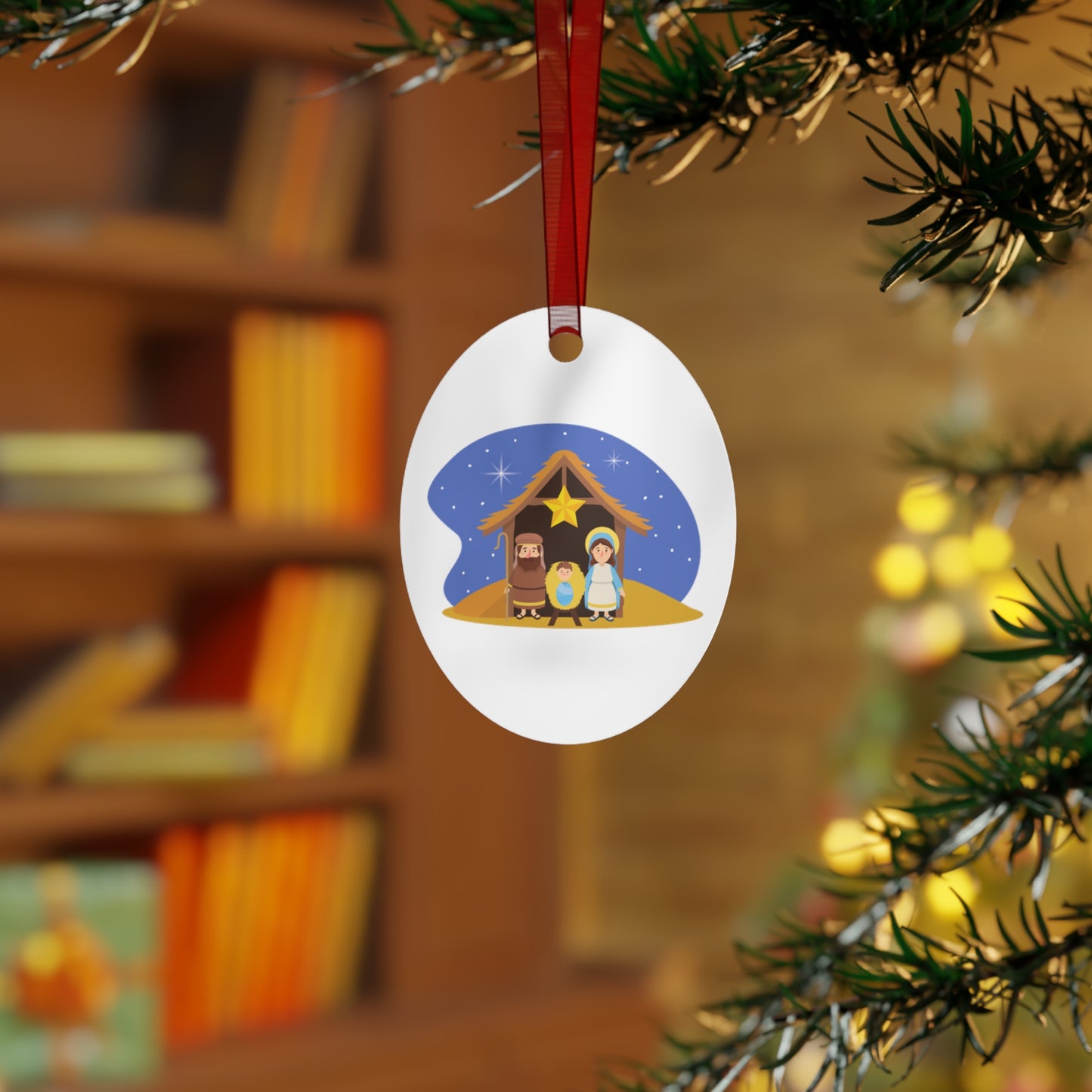 Nativity Scene Metal Christmas Ornament – Double-Sided Glossy Aluminum Holiday Décor with Red Ribbon