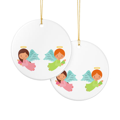 Angel Christmas Ornament - Cute Pink & Green Ceramic Holiday Decoration for Kids, Baby's First Christmas Gift, Kids Christmas Tree Ornament with Gold String