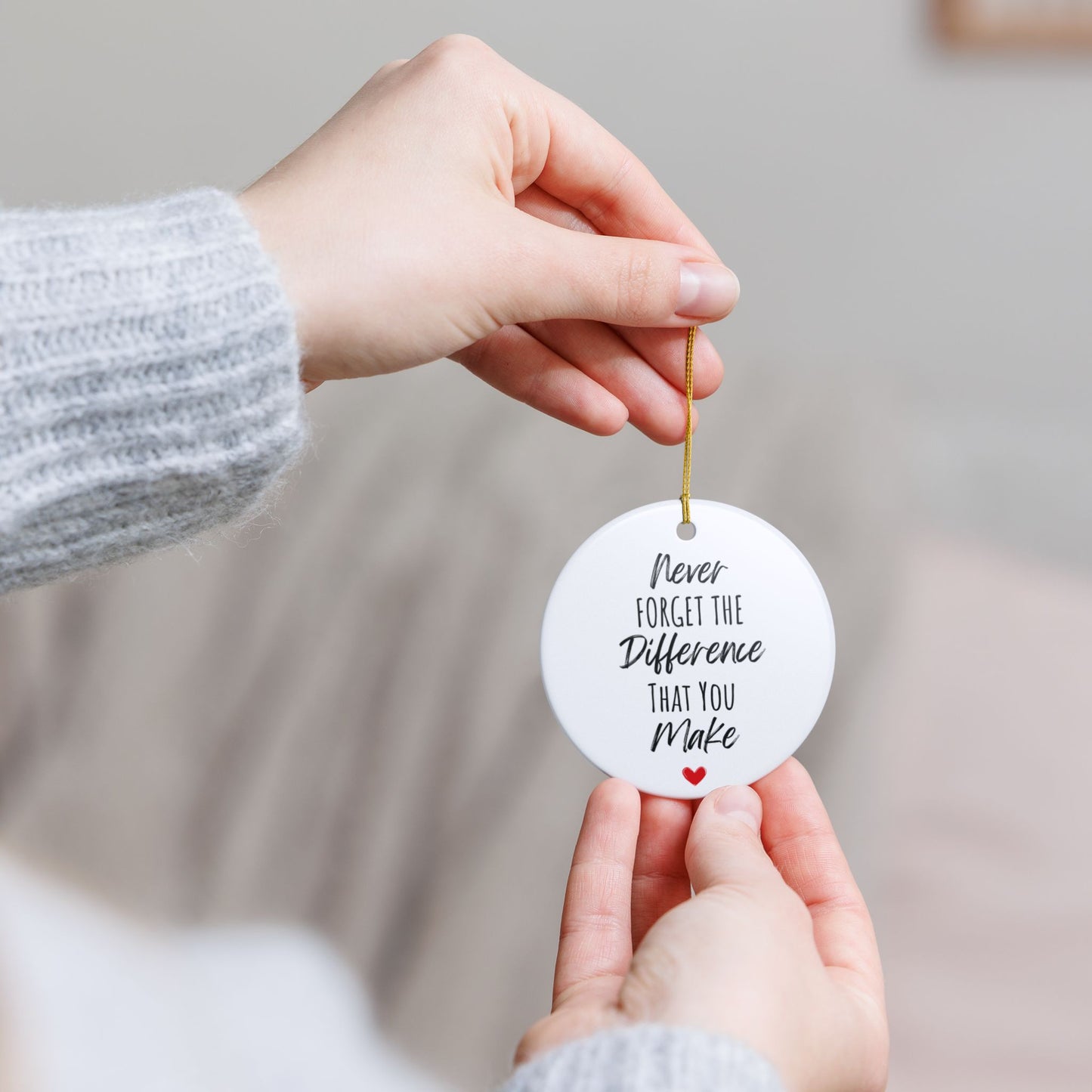Inspirational Ceramic Ornament – "Never Forget the Difference You Make" | Heartfelt Holiday Gift & Decor | 2.8" Diameter with Gold Hanging String