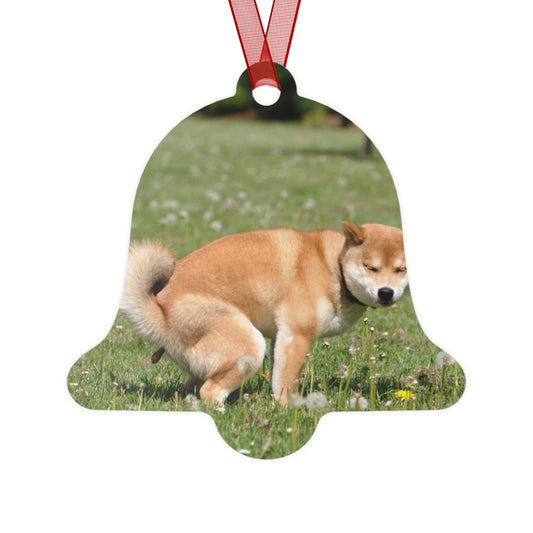 Shiba Inu Pooping Ornament – Hilarious Metal Bell Shaped Dog Decor with Red Ribbon for Pet Lovers, Fun Holiday Decoration