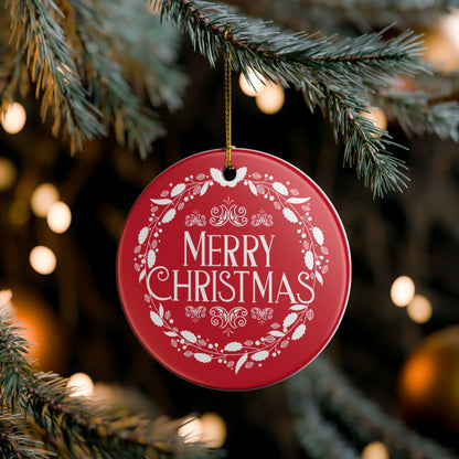 Merry Christmas Ceramic Ornament – Elegant Holiday Décor with Gold Hanging String, Round Glossy Red Wreath Design, Ideal for Tree, Mantel, or Gift