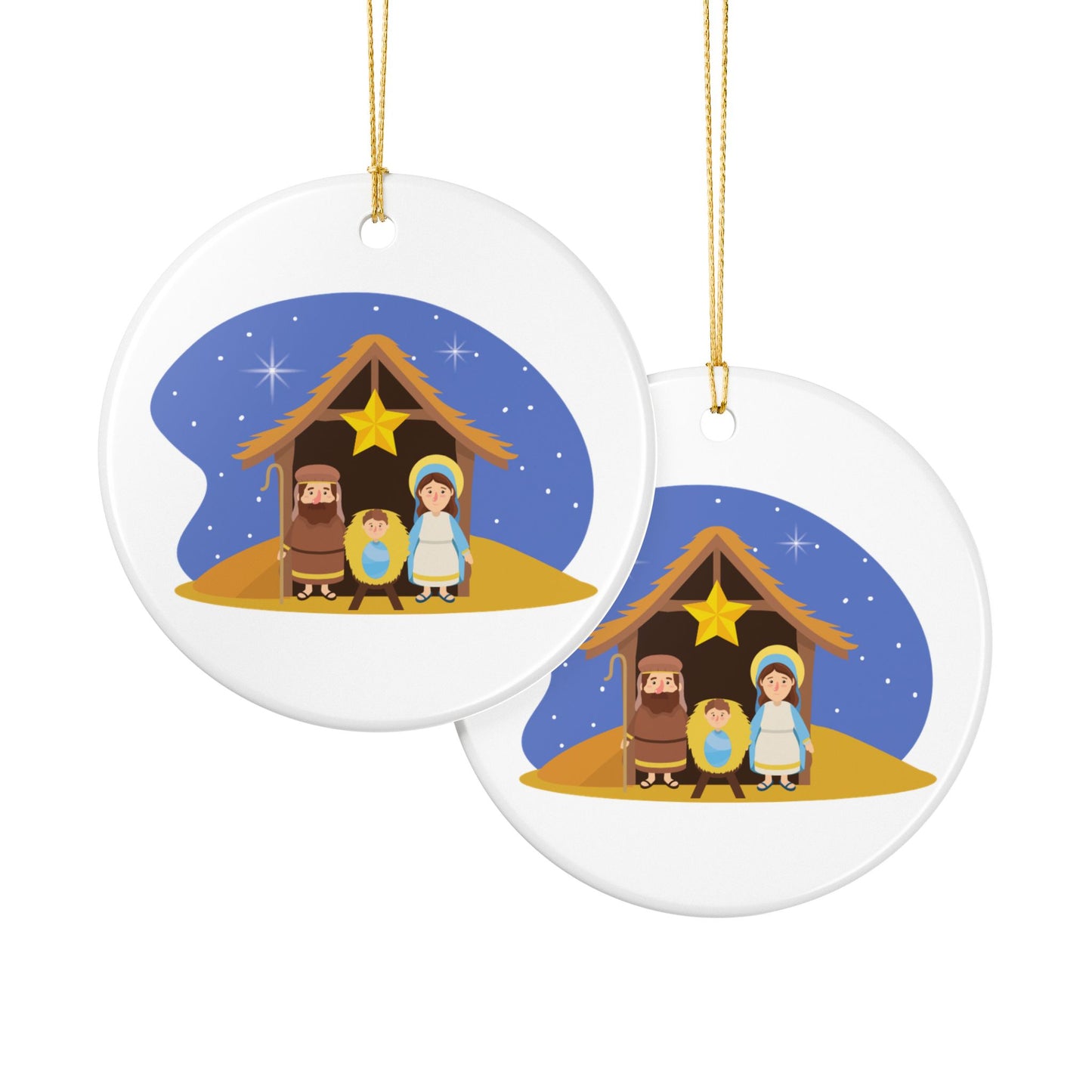 Nativity Scene Christmas Ceramic Ornament - Mary, Joseph & Baby Jesus - White Glossy Holiday Tree Decoration with Golden Hanging String