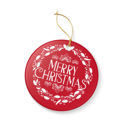 Merry Christmas Ceramic Ornament – Elegant Holiday Décor with Gold Hanging String, Round Glossy Red Wreath Design, Ideal for Tree, Mantel, or Gift