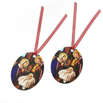Classic Nativity Scene Metal Ornament – Oval or Round Shape, Double-Sided Glossy Finish, Durable Aluminum Holiday Decoration with Red Ribbon for Christmas Tree – Gift Ready