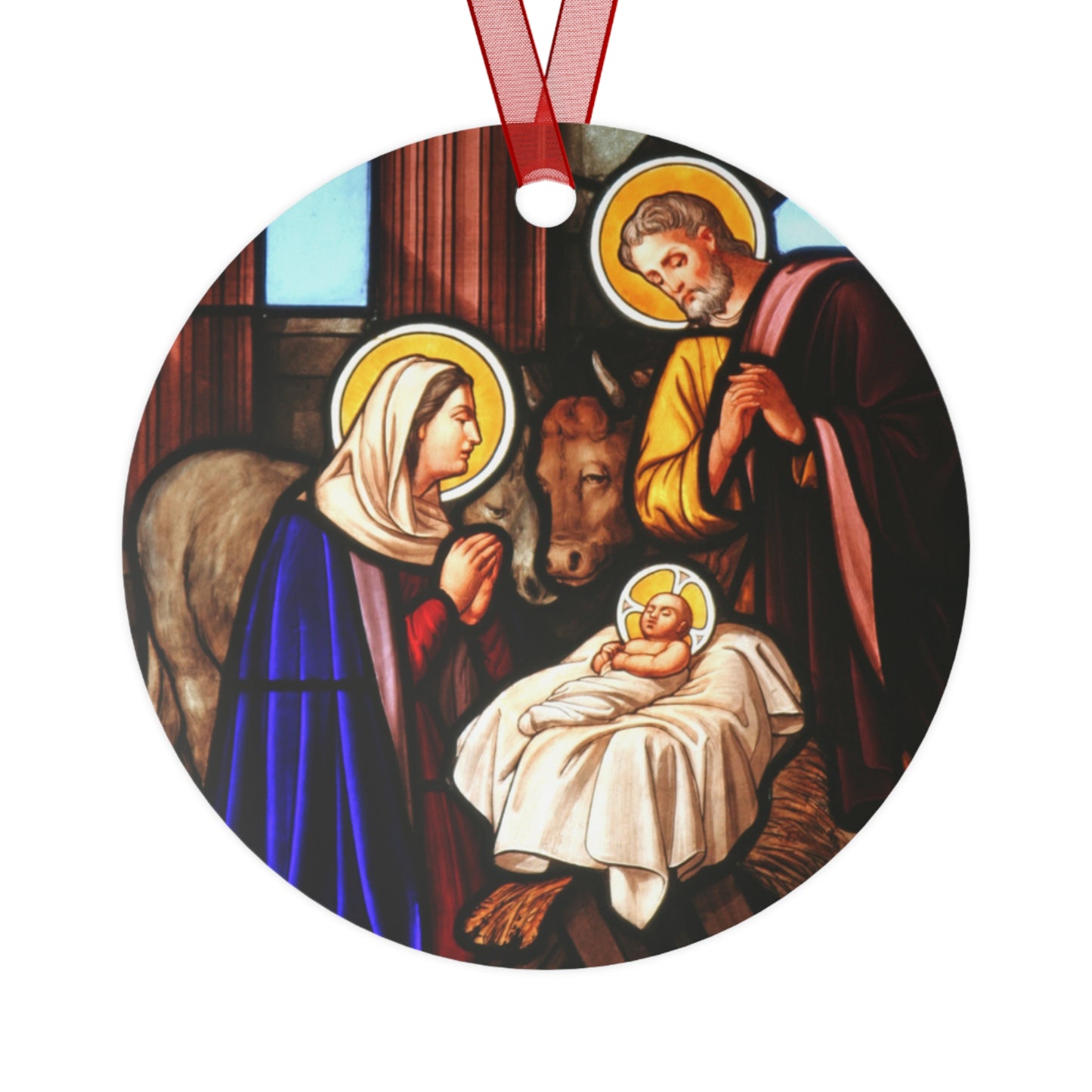 Classic Nativity Scene Metal Ornament – Oval or Round Shape, Double-Sided Glossy Finish, Durable Aluminum Holiday Decoration with Red Ribbon for Christmas Tree – Gift Ready