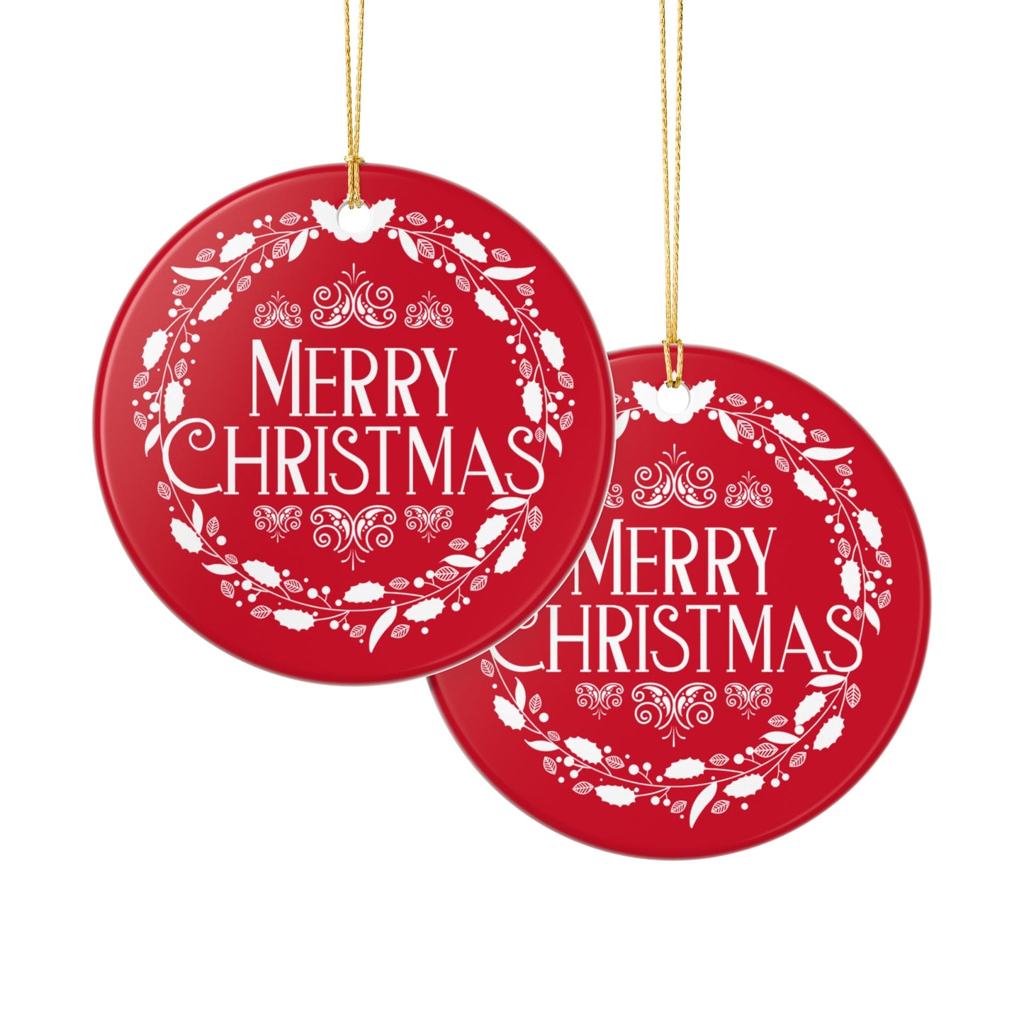 Merry Christmas Ceramic Ornament – Elegant Holiday Décor with Gold Hanging String, Round Glossy Red Wreath Design, Ideal for Tree, Mantel, or Gift