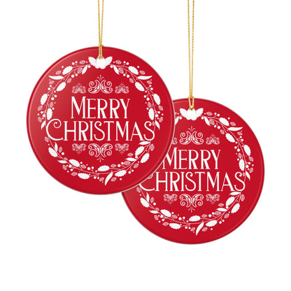 Merry Christmas Ceramic Ornament – Elegant Holiday Décor with Gold Hanging String, Round Glossy Red Wreath Design, Ideal for Tree, Mantel, or Gift
