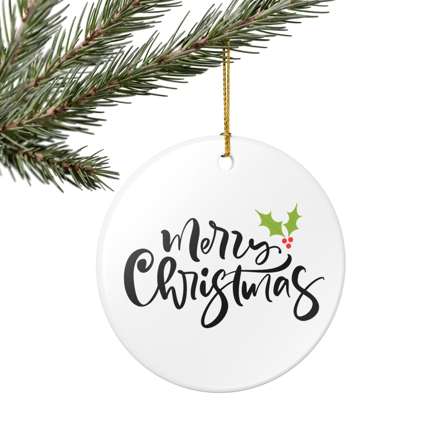 Merry Christmas Ceramic Ornament – Minimalist Holly Tree Decoration Gift for Her