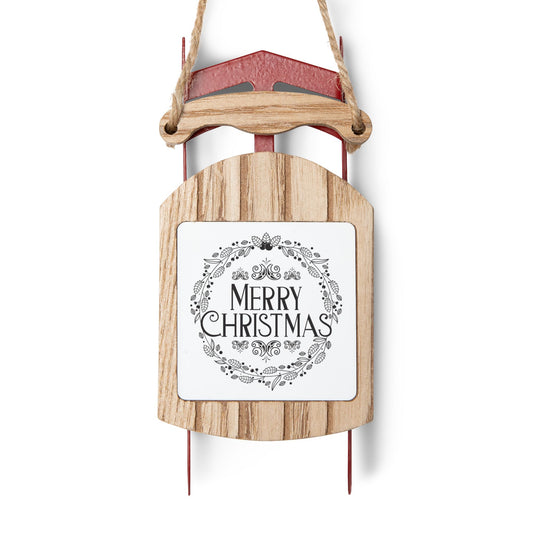 Mom Christmas Gifts – Merry Christmas Sled Ornament for Her, Vintage MDF Holiday Decoration with Twine Hanging Thread