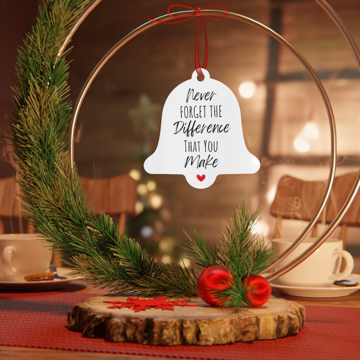 Never Forget The Difference You Make Ornament - Heartfelt Gift for Her, Inspirational Christmas Tree Decoration, Motivational Gift for Women, Teachers, and Loved Ones - Bell-Shaped Glossy Aluminum