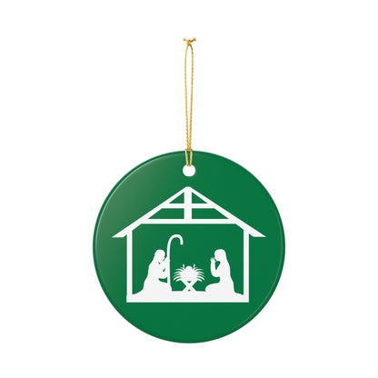 Ceramic Nativity Ornament – Green Holiday Decoration with Mary, Joseph & Manger Design, Glossy Ceramic, Includes Gold Hanging String