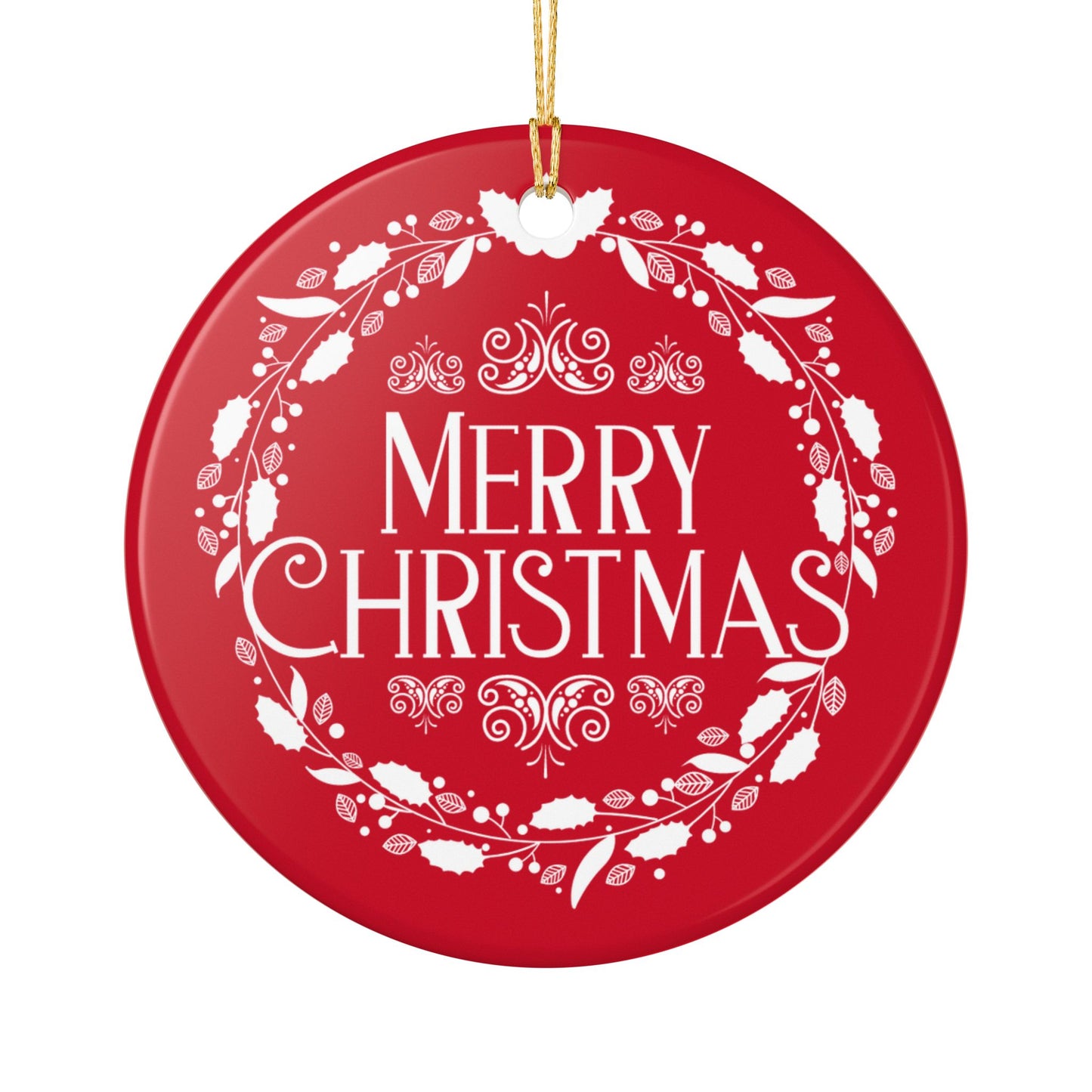Merry Christmas Ceramic Ornament – Elegant Holiday Décor with Gold Hanging String, Round Glossy Red Wreath Design, Ideal for Tree, Mantel, or Gift