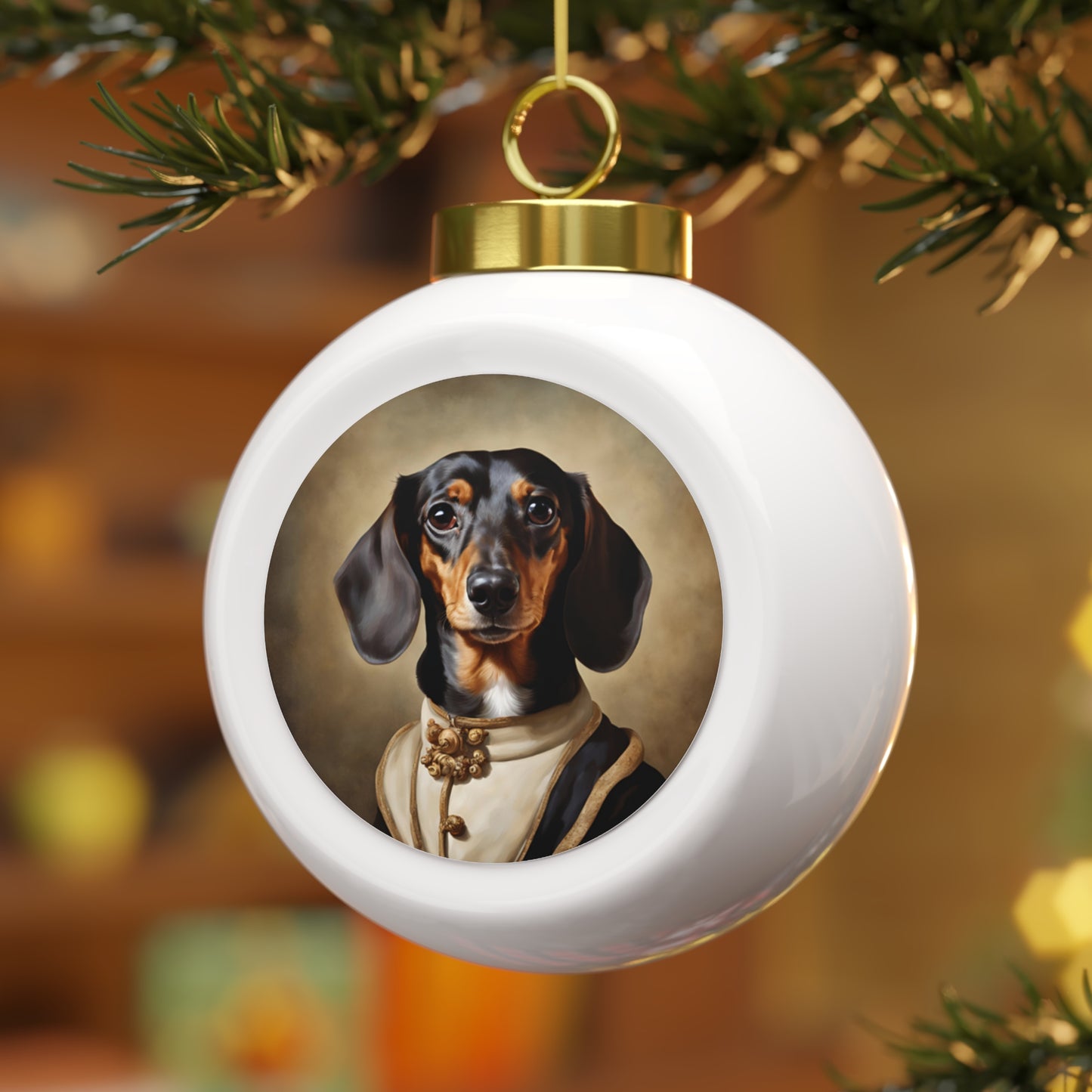 Elegant Dachshund Holiday Ornament – Glossy Ceramic Bauble with Vintage Design, Gold Ribbon, Perfect for Christmas Trees and Gifts