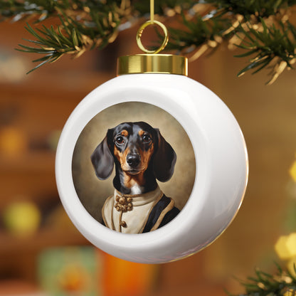 Elegant Dachshund Holiday Ornament – Glossy Ceramic Bauble with Vintage Design, Gold Ribbon, Perfect for Christmas Trees and Gifts