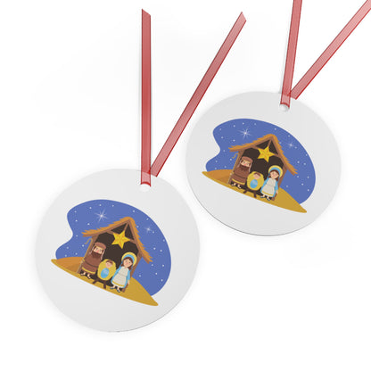 Nativity Scene Metal Christmas Ornament – Double-Sided Glossy Aluminum Holiday Décor with Red Ribbon