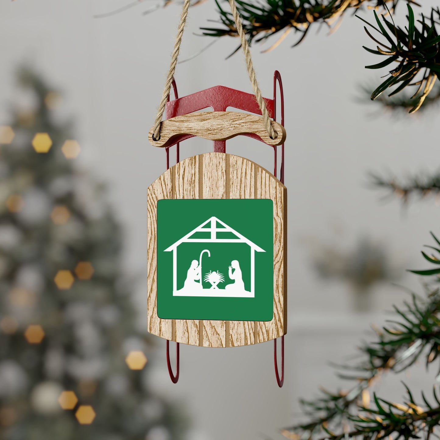 Holiday Sled Ornament with Nativity Design - Personalized Christmas Decor, MDF & Galvanized Steel, Includes Twine - Available in 1, 5, 10, or 20 Pack