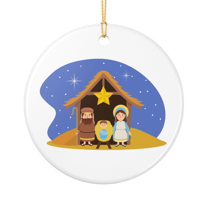Nativity Scene Christmas Ceramic Ornament - Mary, Joseph & Baby Jesus - White Glossy Holiday Tree Decoration with Golden Hanging String